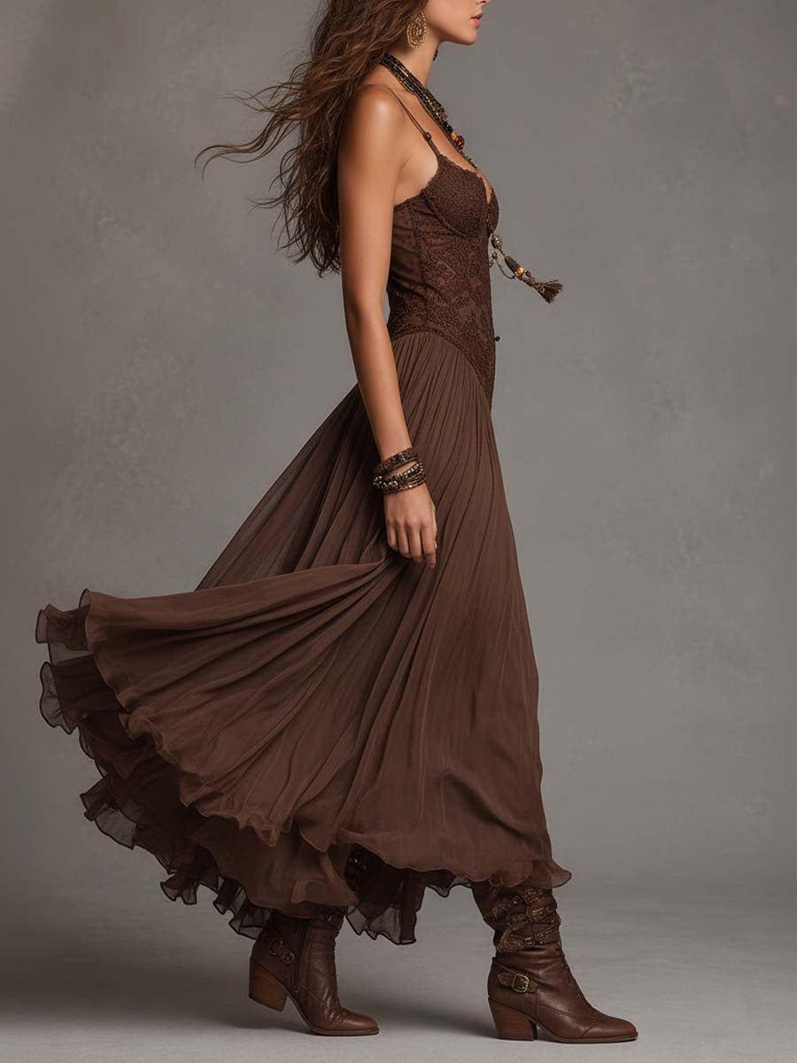 Lorella – Abito Lungo Marrone in Chiffon e Pizzo