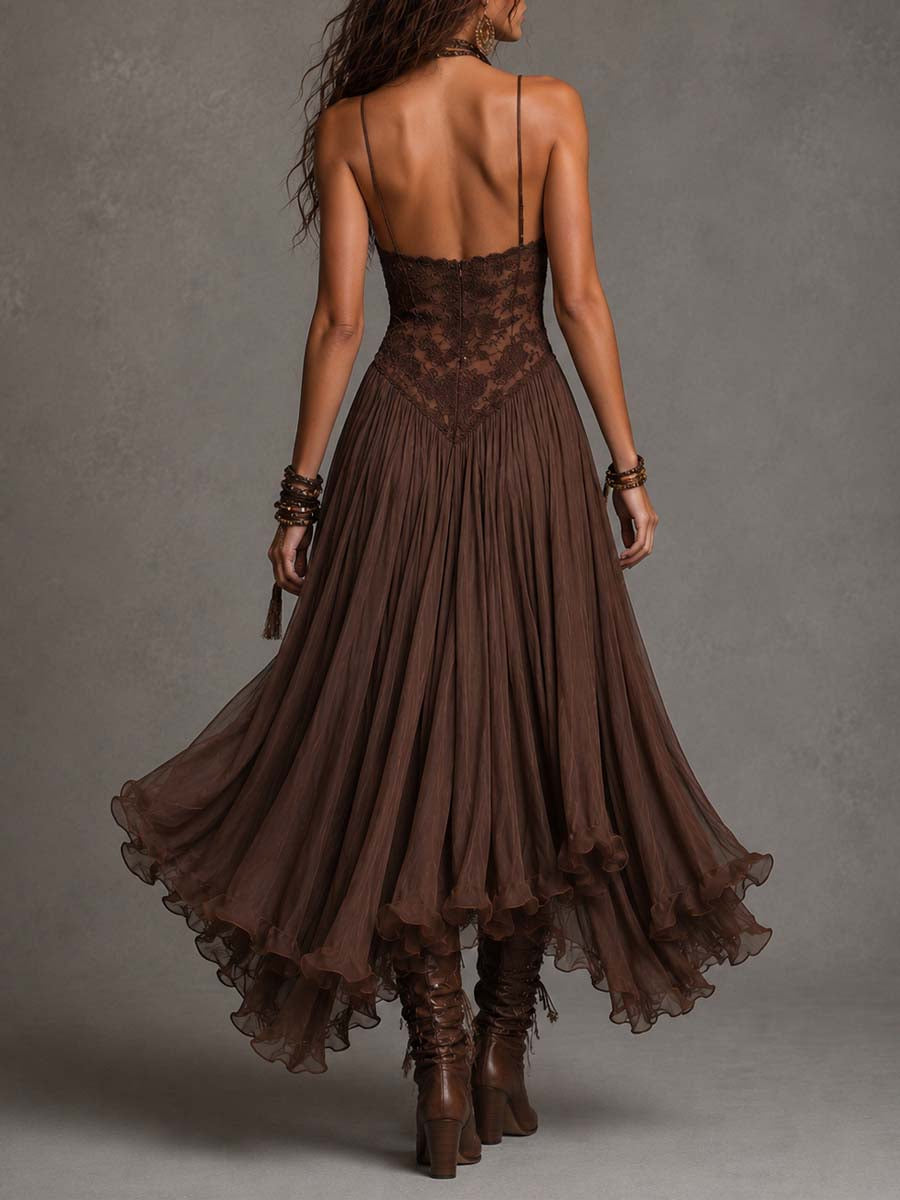 Lorella – Abito Lungo Marrone in Chiffon e Pizzo