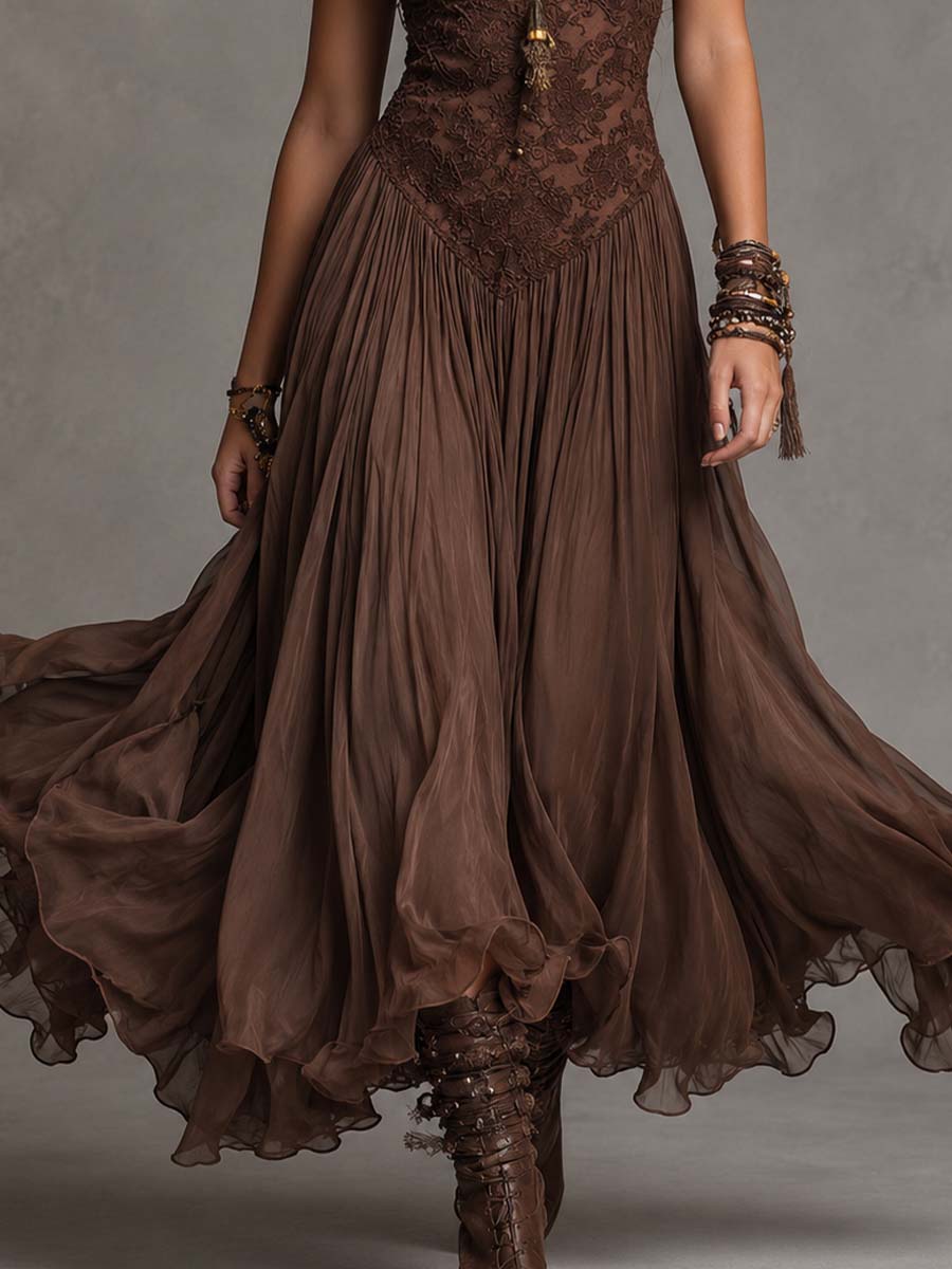 Lorella – Abito Lungo Marrone in Chiffon e Pizzo