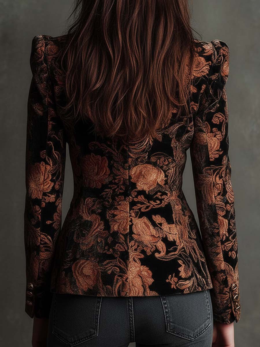 Sofia | Blazer Sartoriale con Stampa Floreale Nera e Bronzo