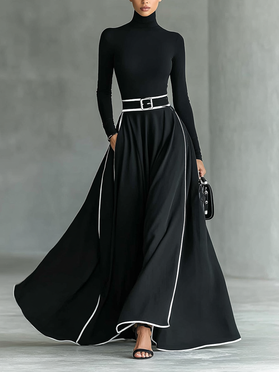 Gina – Abito Maxi Donna Nero con Cuciture Bianche e Collo Alto, Maniche Lunghe, Vita Sottile