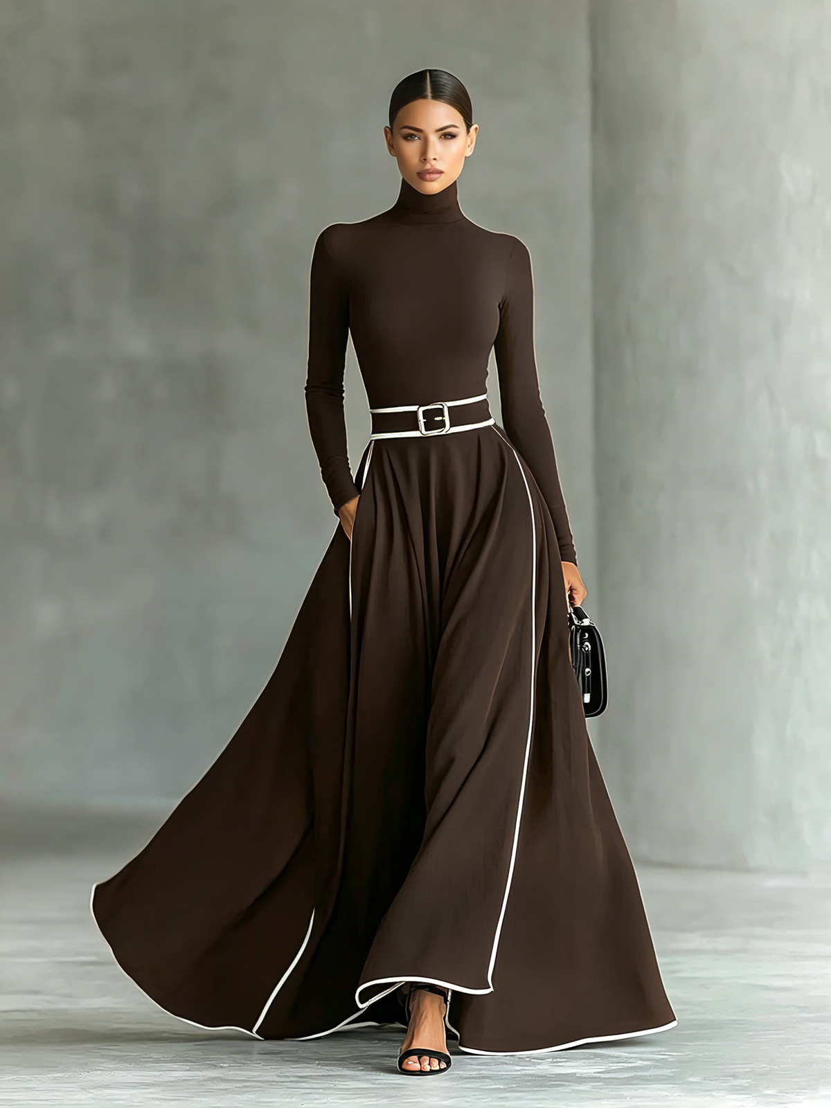 Gina – Abito Maxi Donna Nero con Cuciture Bianche e Collo Alto, Maniche Lunghe, Vita Sottile