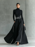 Gina – Abito Maxi Donna Nero con Cuciture Bianche e Collo Alto, Maniche Lunghe, Vita Sottile