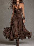 Lorella – Abito Lungo Marrone in Chiffon e Pizzo